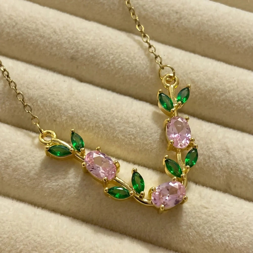 Tulip-Necklace - Gold (Pink + Green)