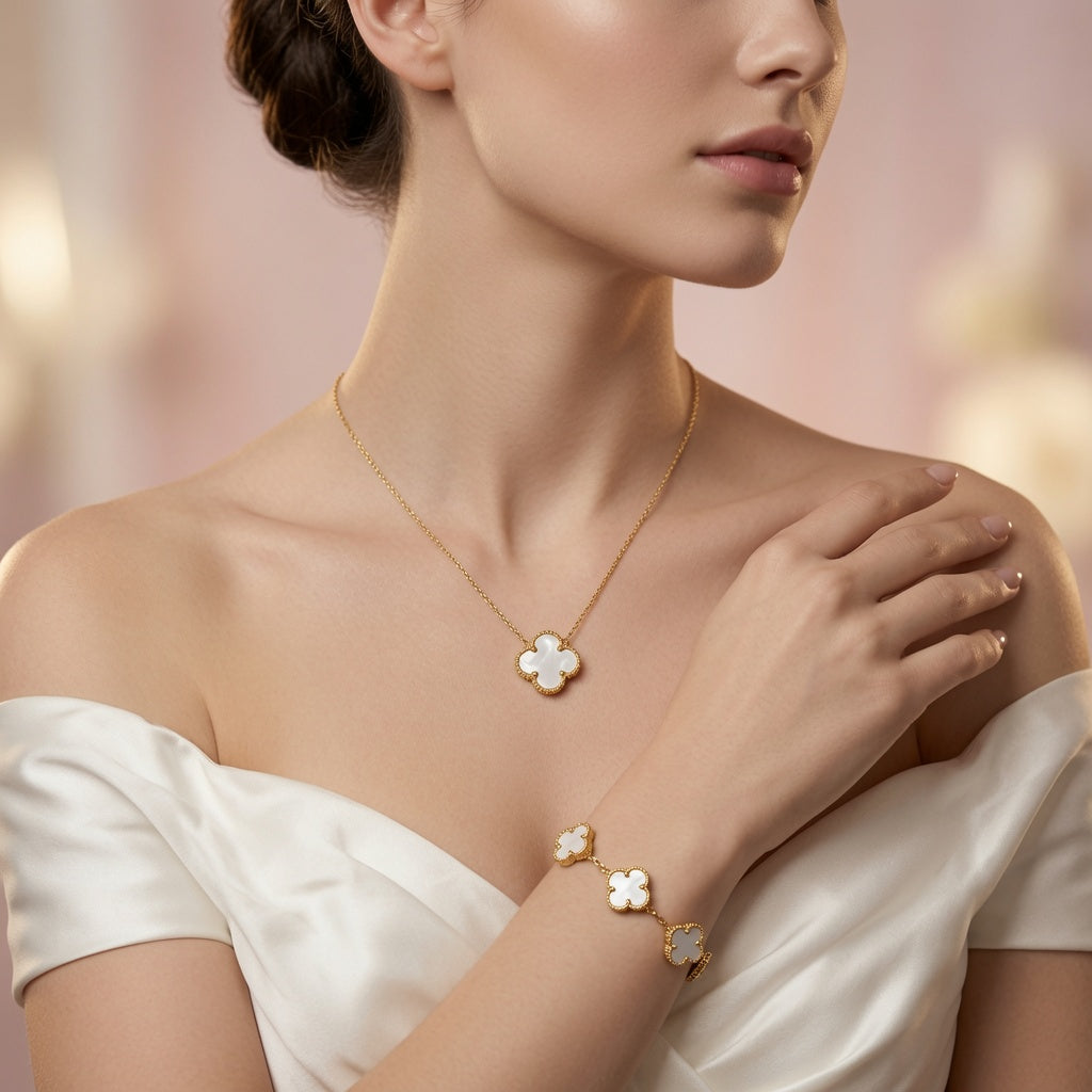 Four Leaf Bracelet & Necklace Set - White