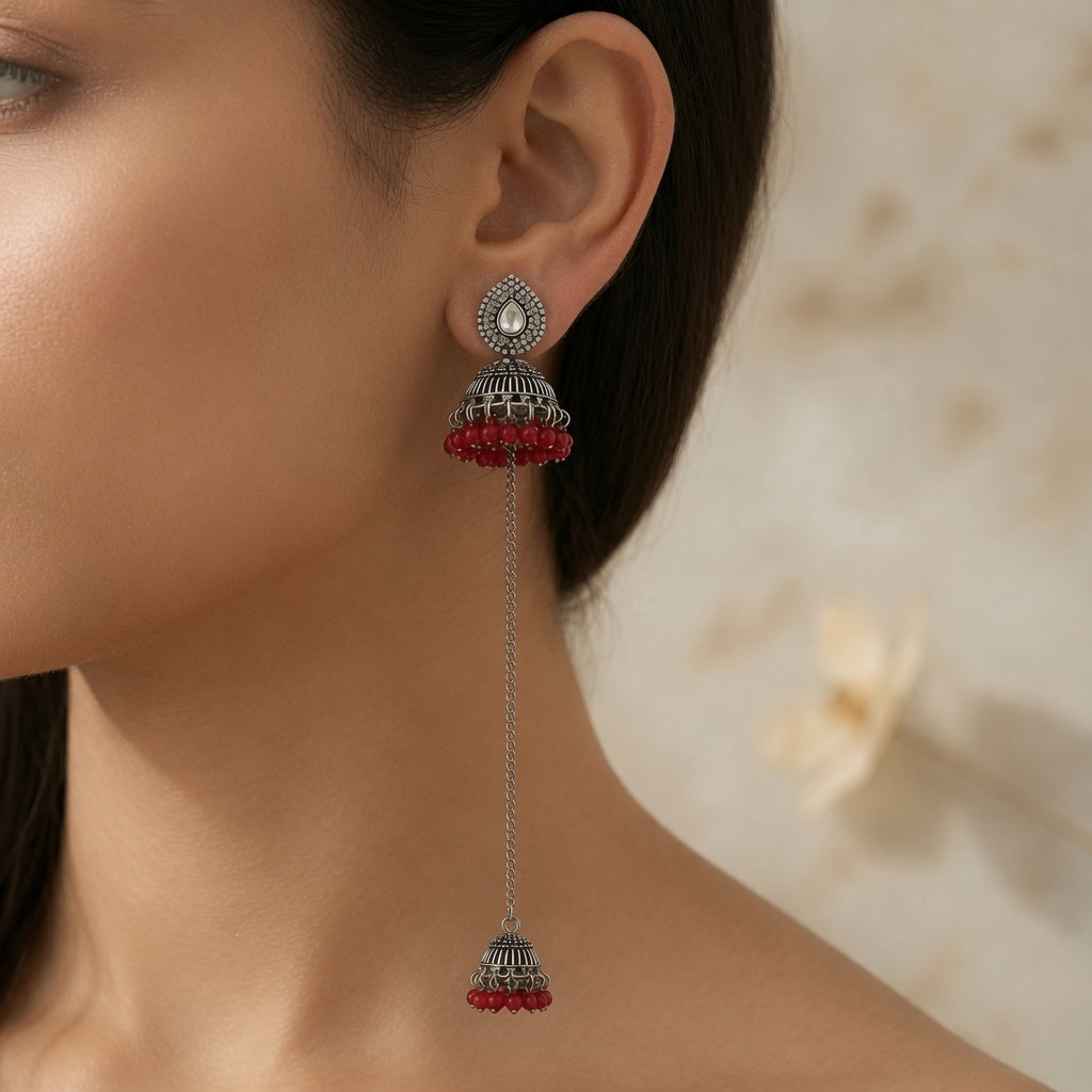 Kashmiri Jhumka - Silver (Red)