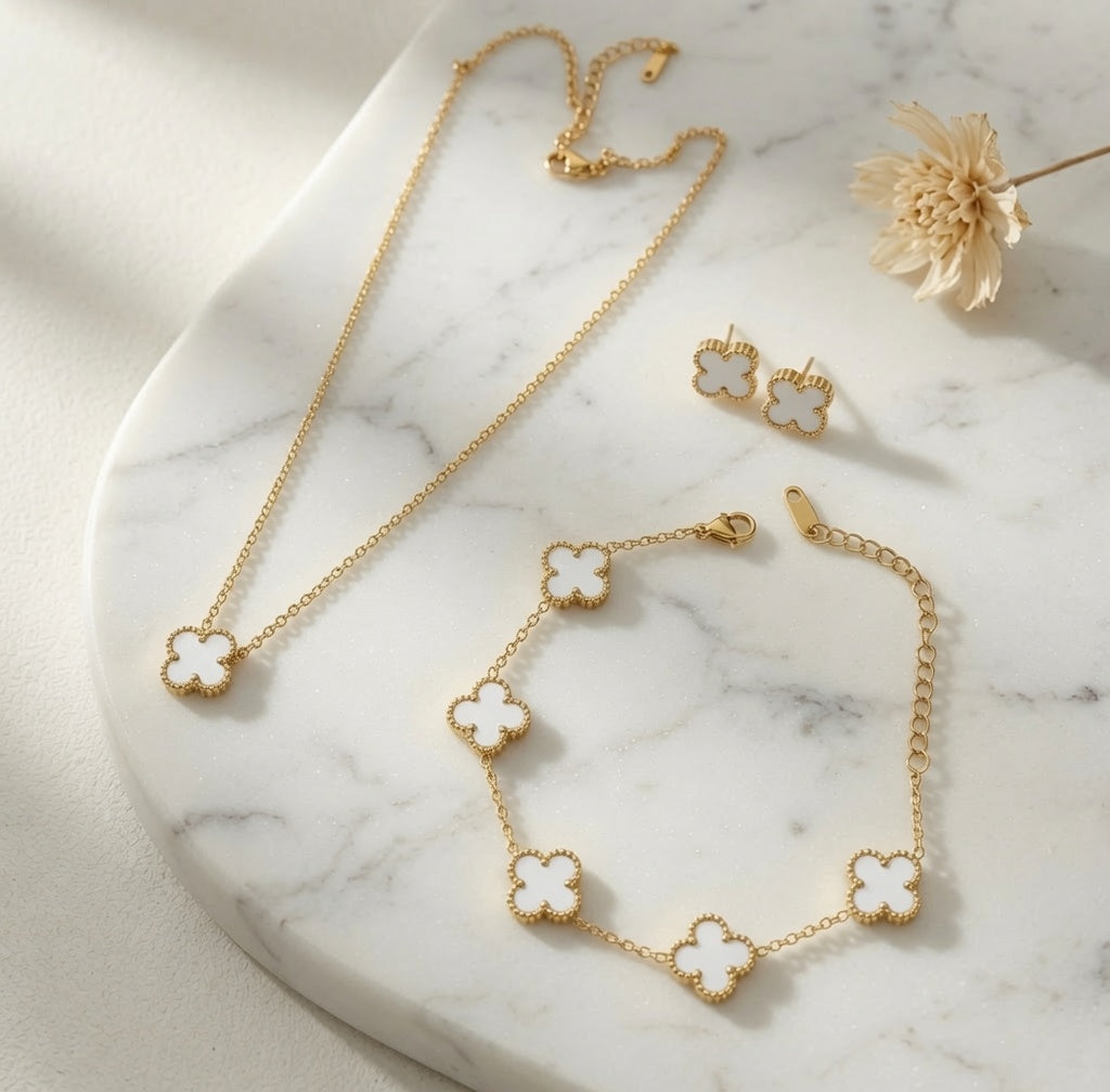 Four Leaf Clover Jewellery Set - White