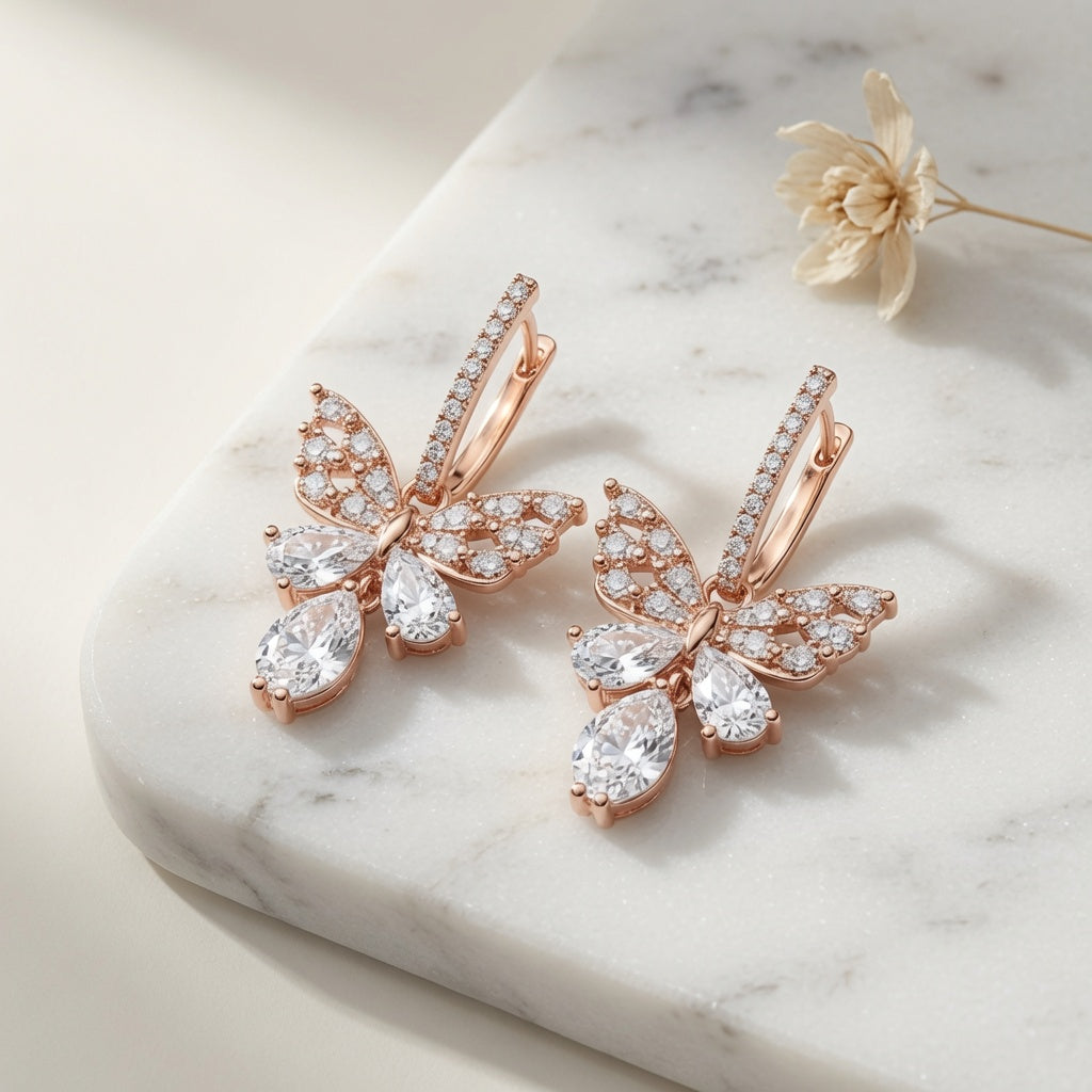 Butterfly Earings - Gold (White)