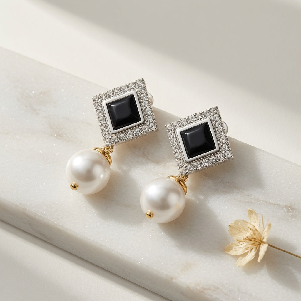 Vintage Pearl Drop Earrings - Silver (Black)