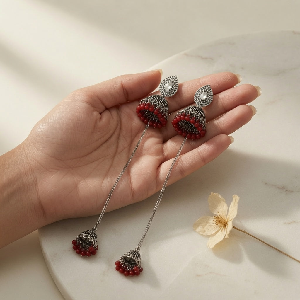 Kashmiri Jhumka - Silver (Red)