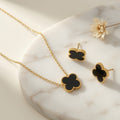 Four Leaf Clover Necklace With Ear Studs - Black