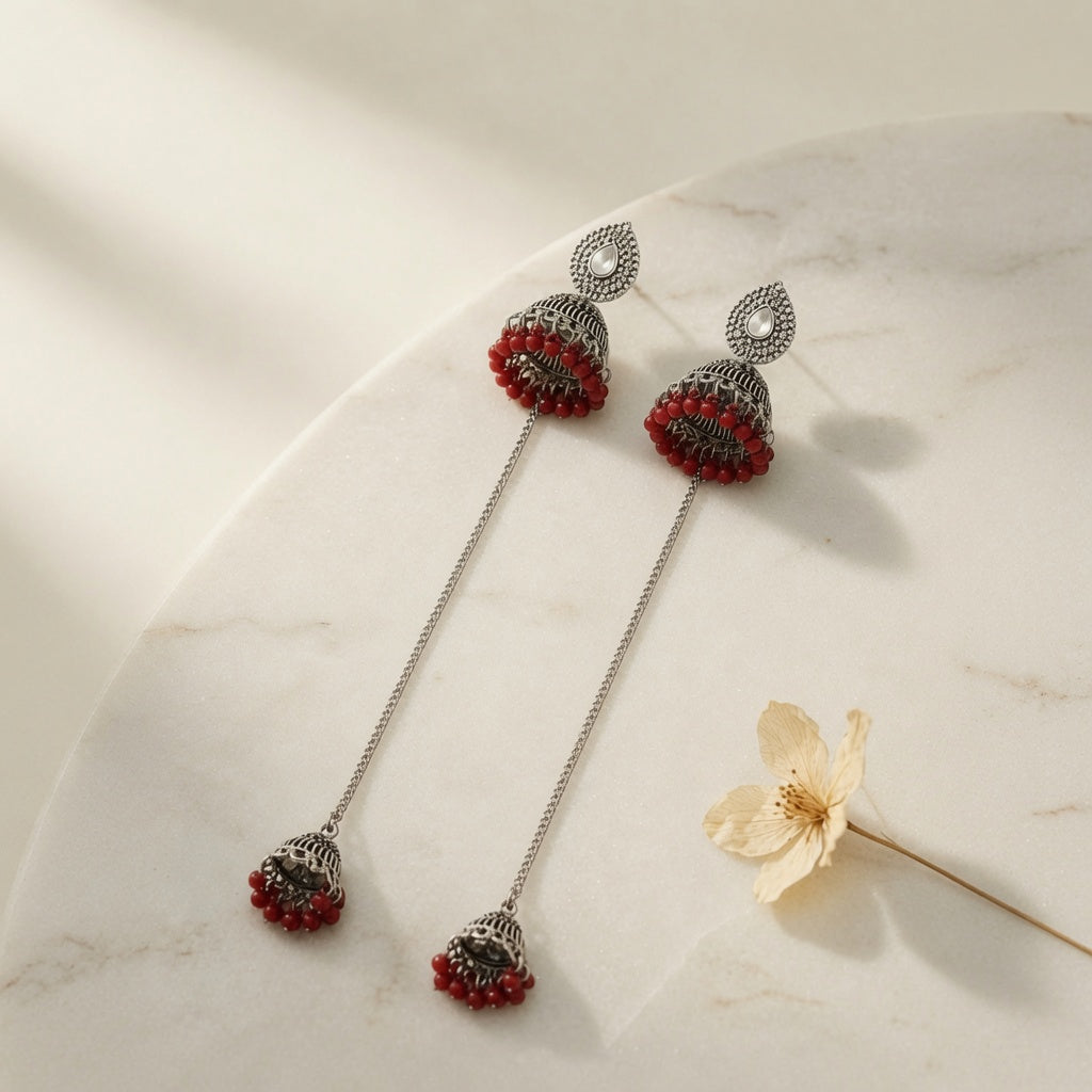 Kashmiri Jhumka - Silver (Red)