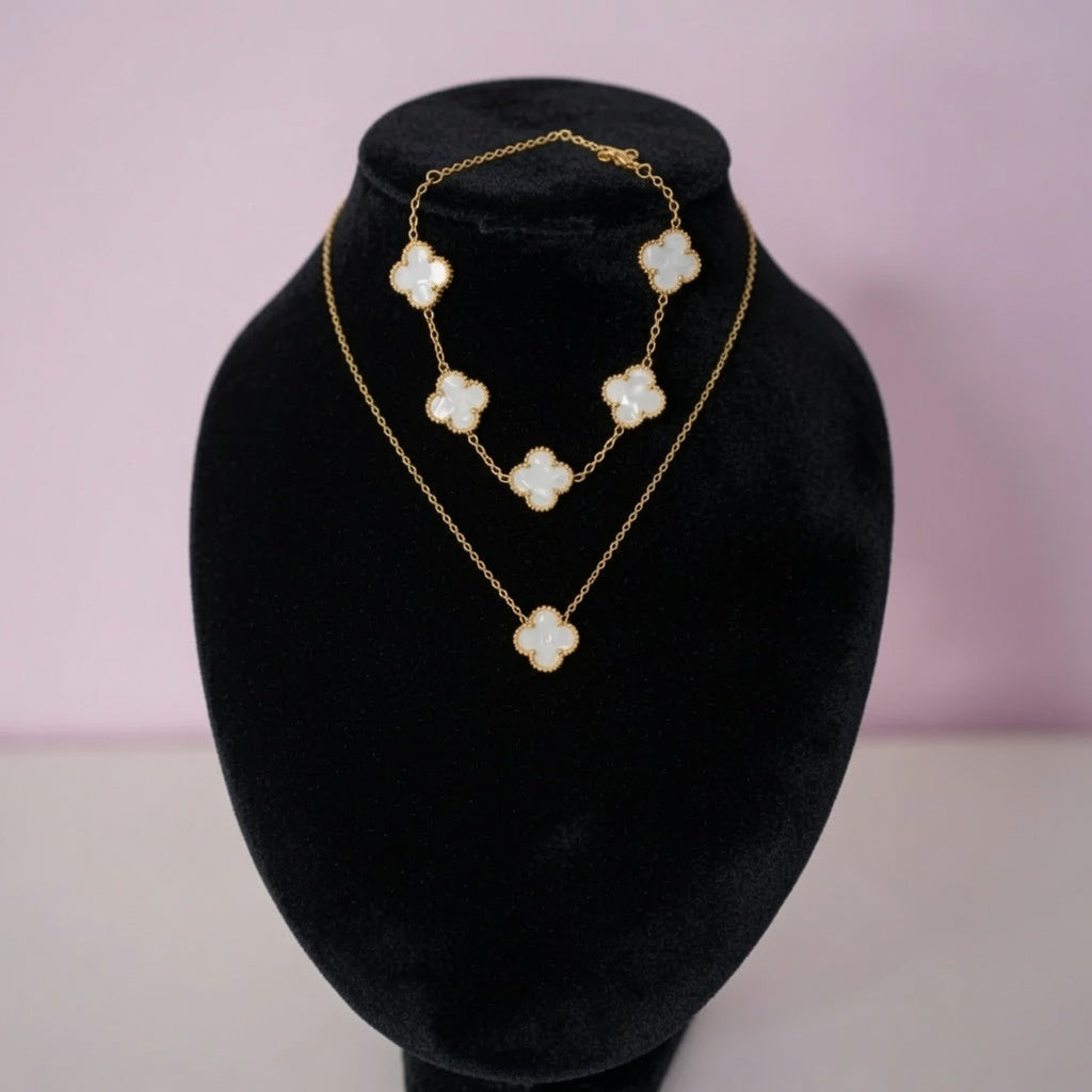 Four Leaf Bracelet & Necklace Set - White