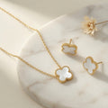 Four Leaf Clover Pendant With Ear Studs - White