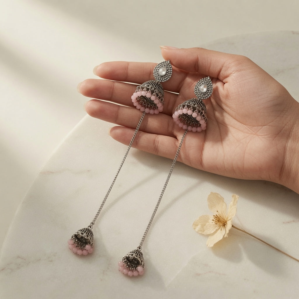 Kashmiri Jhumka - Silver (Pink)
